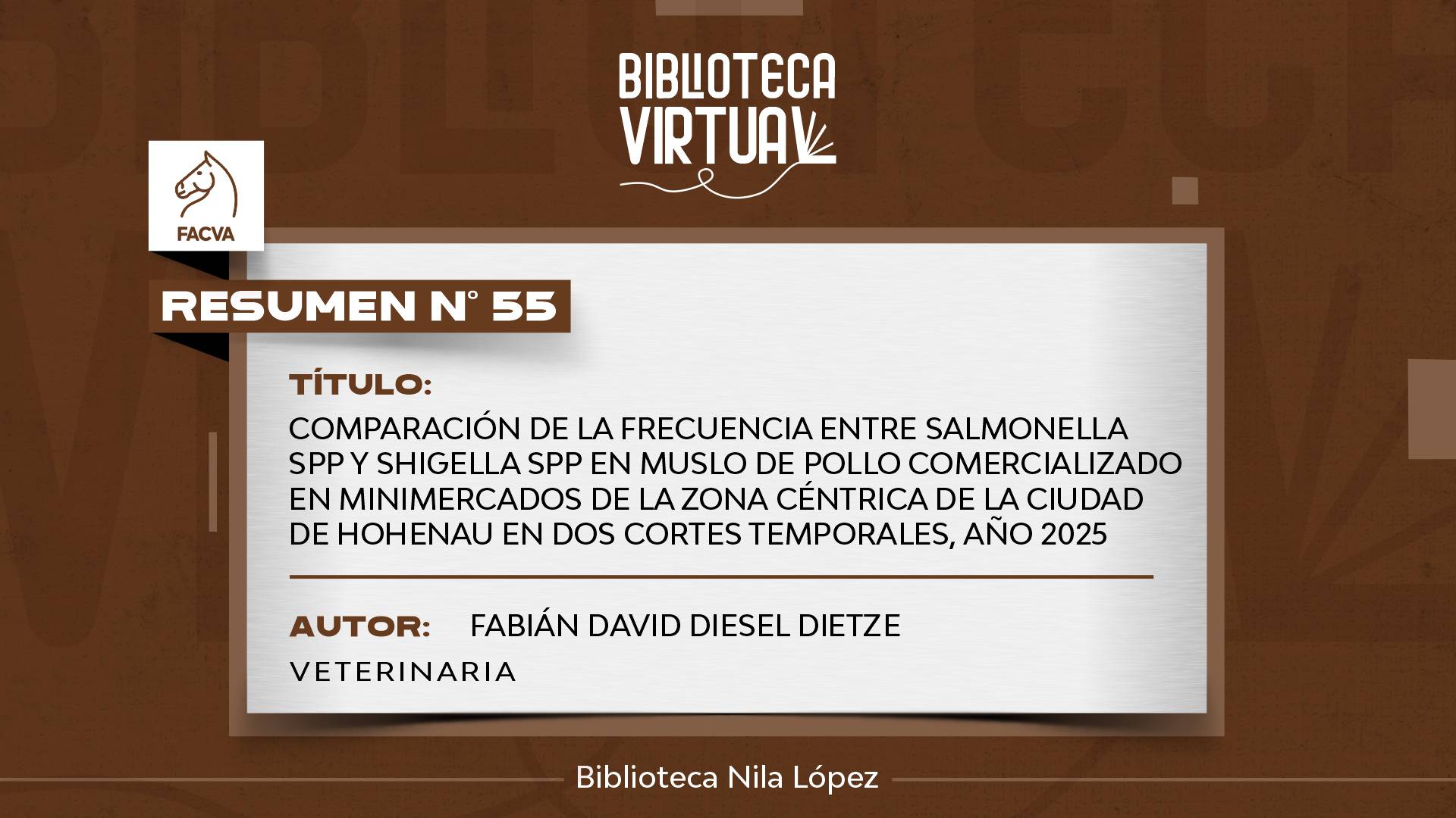 N° 55.	COMPARACIÓN DE LA FRECUENCIA ENTRE SALMONELLA SPP Y SHIGELLA SPP EN MUSLO DE POLLO COMERCIALIZADO EN MINIMERCADOS DE LA ZONA CÉNTRICA DE LA CIUDAD DE HOHENAU EN DOS CORTES TEMPORALES, AÑO 2025