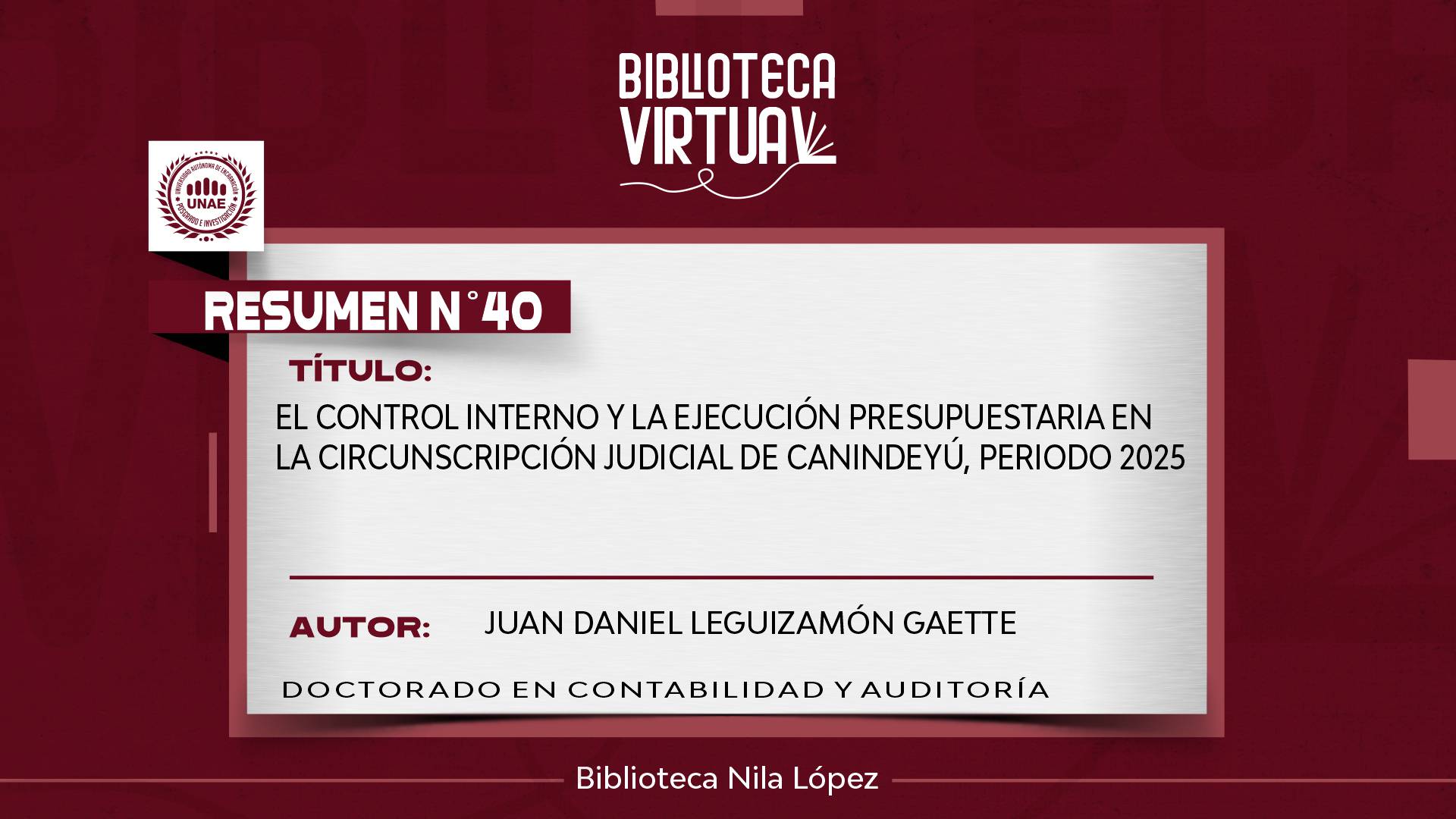 N° 40. EL CONTROL INTERNO Y LA EJECUCIÓN PRESUPUESTARIA EN LA CIRCUNSCRIPCIÓN JUDICIAL DE CANINDEYÚ, PERIODO 2025