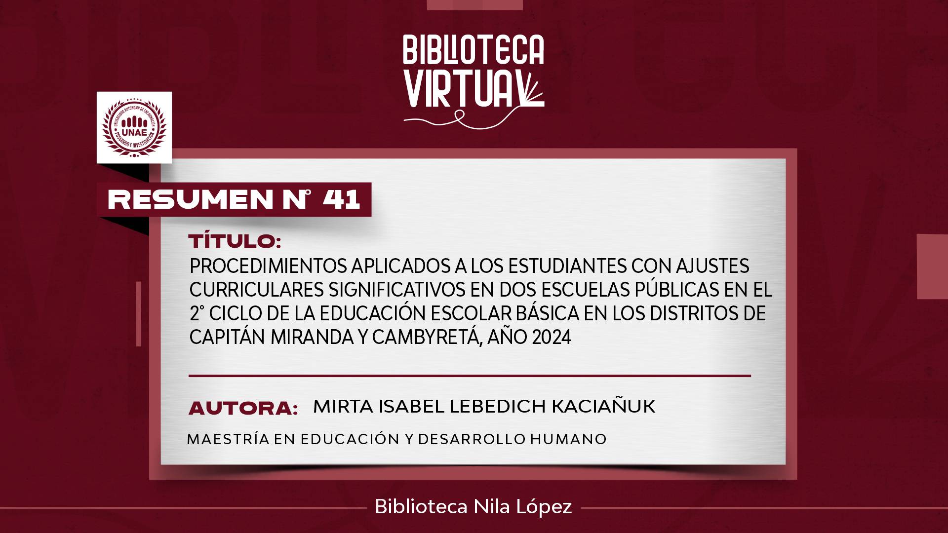 N° 41. PROCEDIMIENTOS APLICADOS A LOS ESTUDIANTES CON AJUSTES CURRICULARES SIGNIFICATIVOS EN DOS ESCUELAS PÚBLICAS EN EL 2° CICLO DE LA EDUCACIÓN ESCOLAR BÁSICA EN LOS DISTRITOS DE CAPITÁN MIRANDA Y CAMBYRETÁ, AÑO 2024
