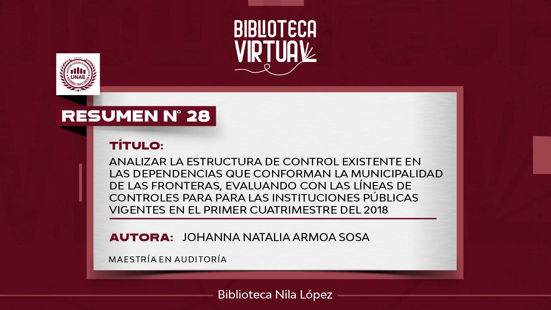 N° 28. ANALIZAR LA ESTRUCTURA DE CONTROL EXISTENTE EN LAS DEPENDENCIAS QUE CONFORMAN LA MUNICIPALIDAD DE LAS FRONTERAS, EVALUANDO CON LAS LÍNEAS DE CONTROLES PARA PARA LAS INSTITUCIONES PÚBLICAS VIGENTES EN EL PRIMER CUATRIMESTRE DEL 2018
