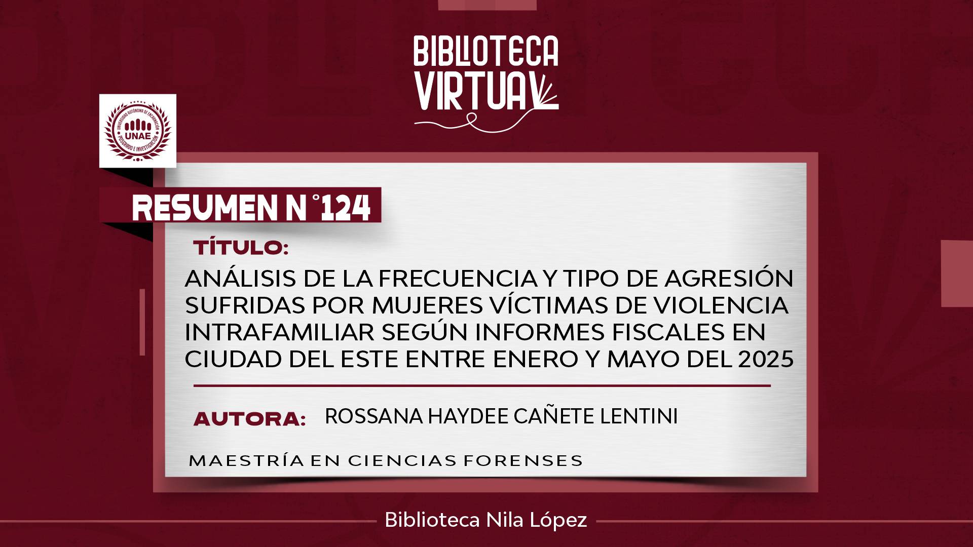 N° 124. ANÁLISIS DE LA FRECUENCIA Y TIPO DE AGRESIÓN SUFRIDAS POR MUJERES VÍCTIMAS DE VIOLENCIA INTRAFAMILIAR SEGÚN INFORMES FISCALES EN CIUDAD DEL ESTE ENTRE ENERO Y MAYO DEL 2025