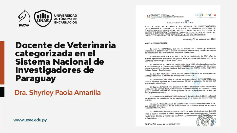 Docente de Veterinaria categorizada en el Sistema Nacional de Investigadores de Paraguay